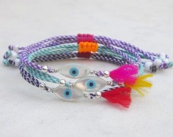 Evil eye friendship bracelet, dainty cord stacking bracelet, boho tassel everyday armband, multicolor fringe bracelet, bohemian bracelet