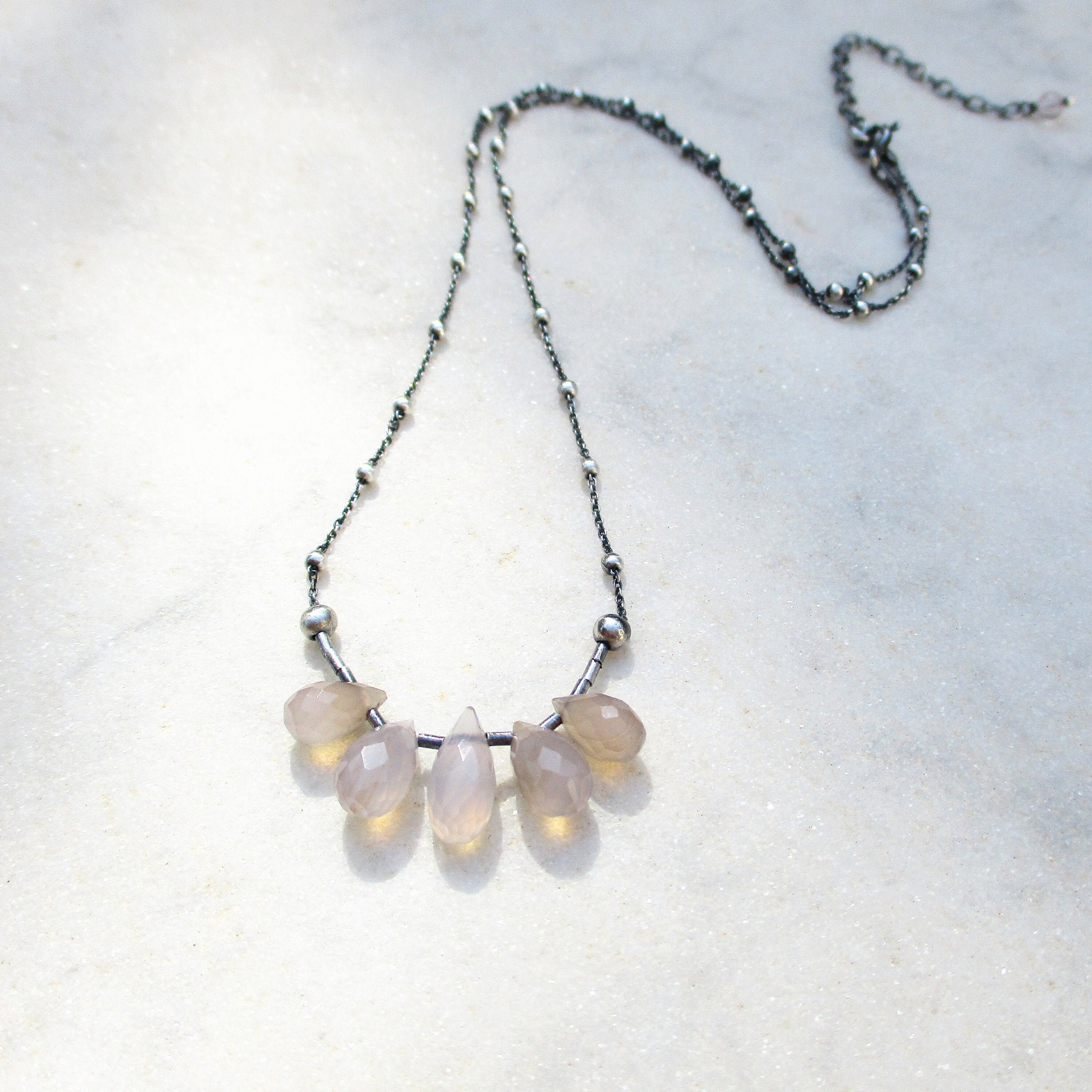 Dainty pink chalcedony gemstone briolette necklace on sterling silver chain, dainty pastel stone jewelry, bohemian layering necklace