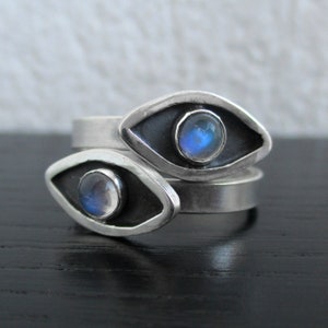 Evil eye rainbow moonstone ring, high grade stone sterling silver ring, gemstone stacking ring, moonstone jewelry, protection amulet, US 6 7