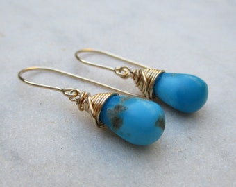 Blue turquoise gold filled earrings with smooth pear briolettes, gold turquoise jewelry, elegant summer jewelry, December birthstone gift