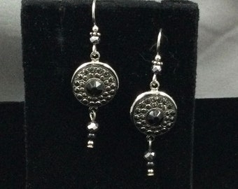 SILVER and BLACK GLASS Button Dangle Earrings