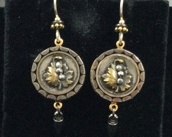 1890s STEEL & BRASS LEAF Button Earrings