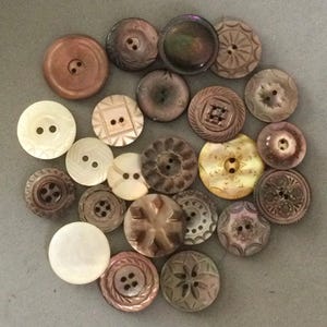 May include: A collection of round buttons in various sizes and shades of brown, cream, and off-white. The buttons feature diverse textures, including smooth surfaces, intricate geometric carvings, floral patterns, and central two or four-hole designs.