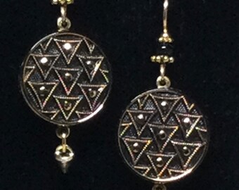 GLASS BUTTON EARRINGS, Black and Gold