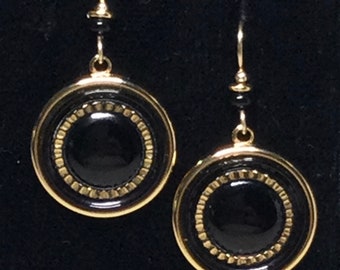 BUTTON EARRINGS, BLACK and Gold Glass