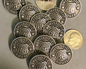 12 ROUTE 66 METAL Buttons, 3/4”