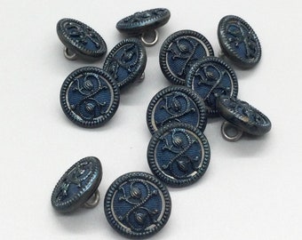 12 BLUE-TINTED METAL Buttons, Antique