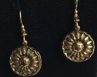 VINTAGE BUTTON EARRINGS, Gold-lustered Glass
