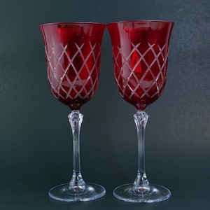 Elegant Vintage Ruby Red Cut to Clear Crystal Wine Glasses Set of 2 - Diamond Pattern Stemware Goblets Mid Century Barware Gift
