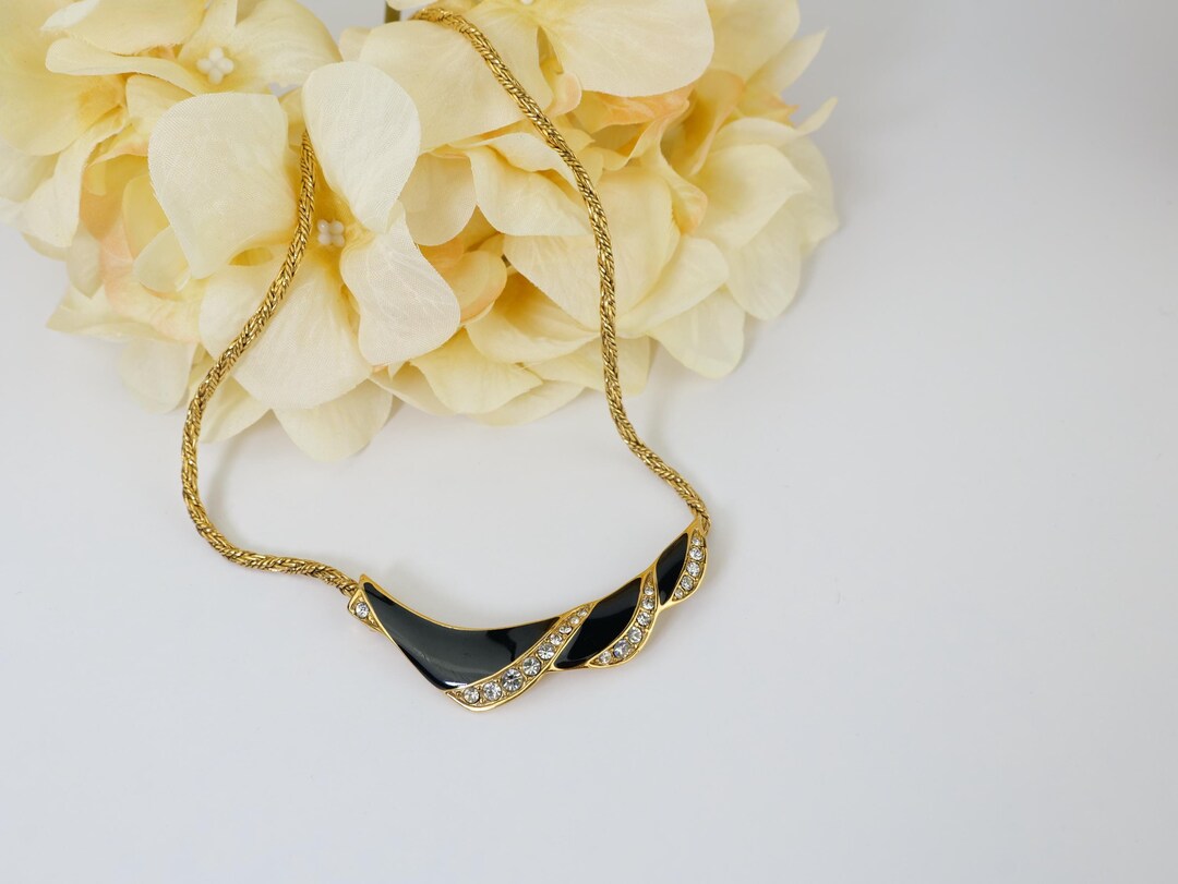 vintage MONET エナメル ネックレス イヤリング ブローチ b80 Vintage Couture 80s Monet Gold Tone & Black Enamel Criss