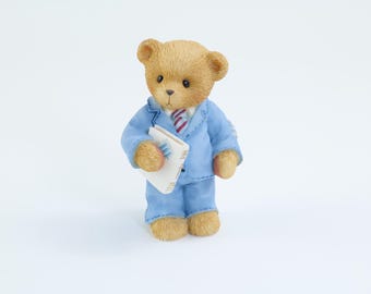 Vintage Enesco 1999 Teddy Bear Figurine, Blue Suit Collectible