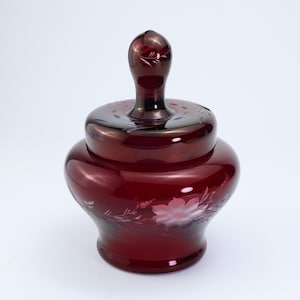 Vintage Bohemian Ruby Cut Glass Jar with Lid Floral Design | Handcrafted Decorative Storage Collectible Home Decor Trinket Jar, Retro Decor