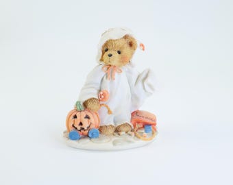 Vintage Cherished Teddies Stacie Ghost Bear Figurine, 1994 Priscilla Hillman Halloween Decor, Spooky Pumpkin Trick or Treat Bear