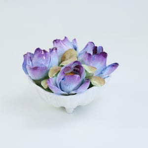 Royal Adderley Floral Manitoba Crocus Bone China Figurine | Vintage English Flower Arrangement Shell Dish | Purple Blue Green Decor