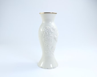 Vintage Lenox Ivory Vase, Embossed Floral Bone China, Gold Trim Decor