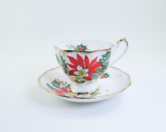 Queen Anne Vintage Christmas Teacup & Saucer Set 'Noel' Fine Bone China, Poinsettia Holly Pinecone, Gold Trim, English Collectible 1960s