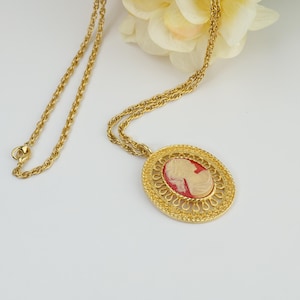 Vintage 1970s Cameo Necklace, Gold-Tone Victorian Style Pendant, Classic Statement Jewelry, Gift for Her, Retro Fashion, Gift For Her