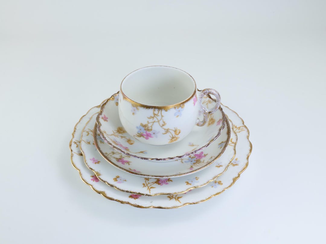 Vintage Limoges Floral Teacup Trio Set | Gold Trimmed Porcelain