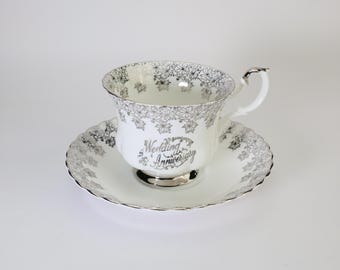 Royal Albert Bone China Teacup and Saucer, Silver Maple Leaf, Wedding Anniversary
