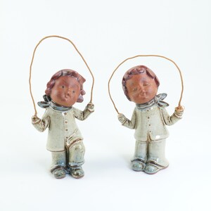 Vintage Mid Century Ceramic Children Figurines Pair Japan Jump Rope Folk Art Collectible Decor set of 2
