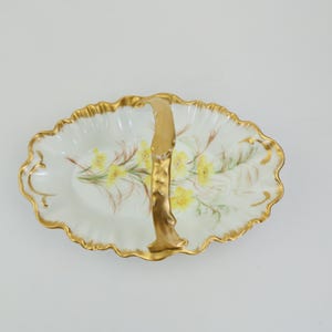 1890 Antique Limoges France Porcelain Basket, Gilt Handle, Hand-Painted Floral Design, Rare Collector’s Item (1891-1914), beautiful gift