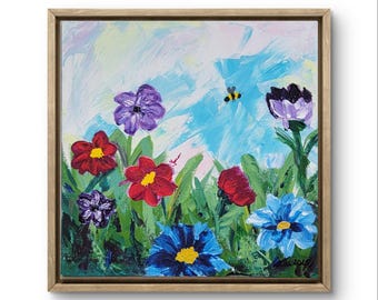 Original Acrylic Floral Painting, Whimsical Bumble Bee Garden Scene, 12x12 Canvas