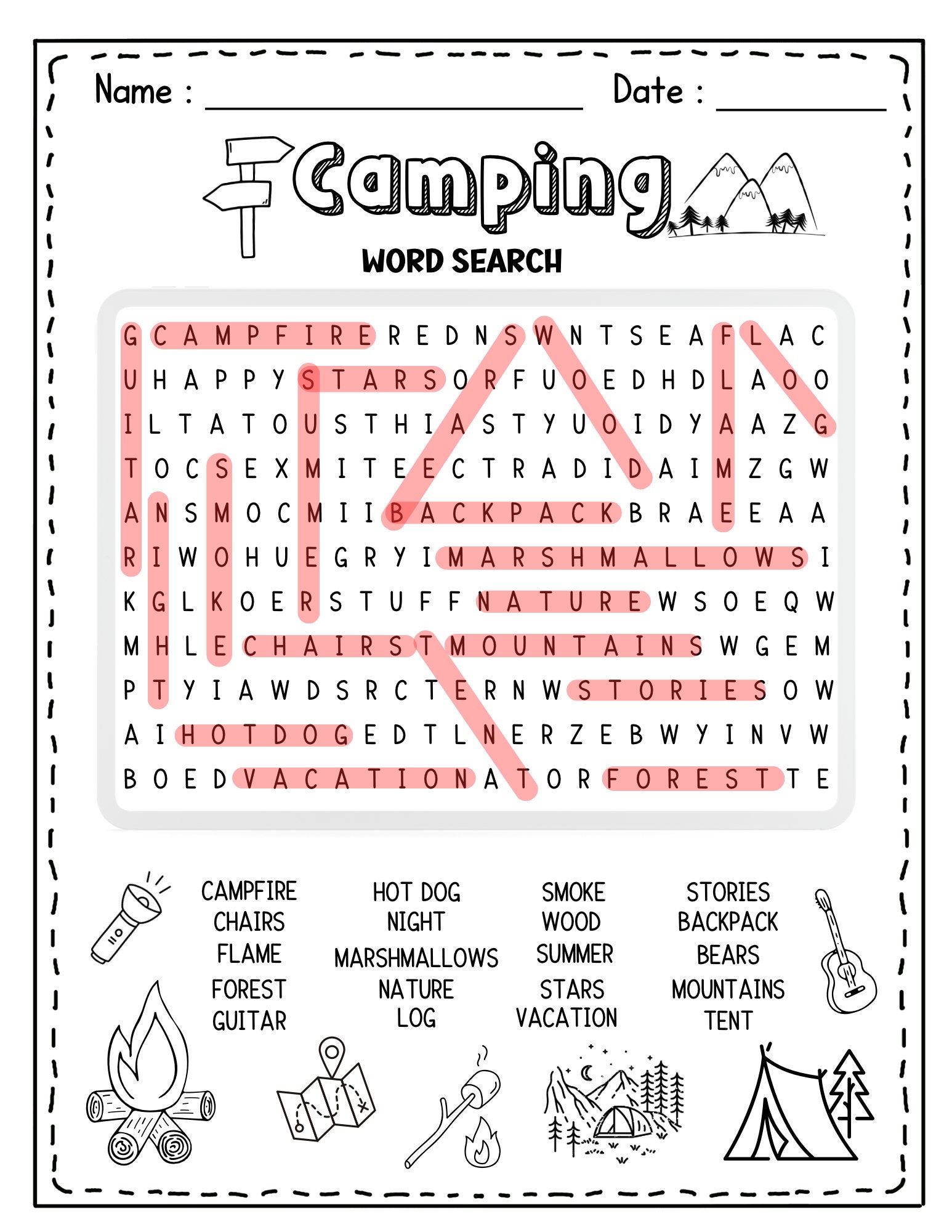 Camping Word Search End of the Year Camping Word Search Worksheet ...