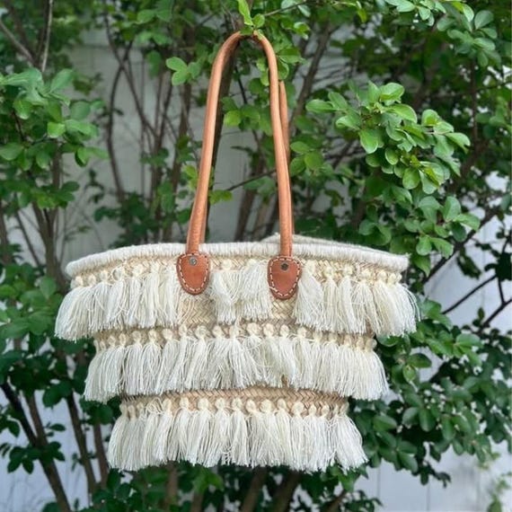 Sac en raphia marocain fait main Cabas naturel respectueux de  l'environnement avec des pompons