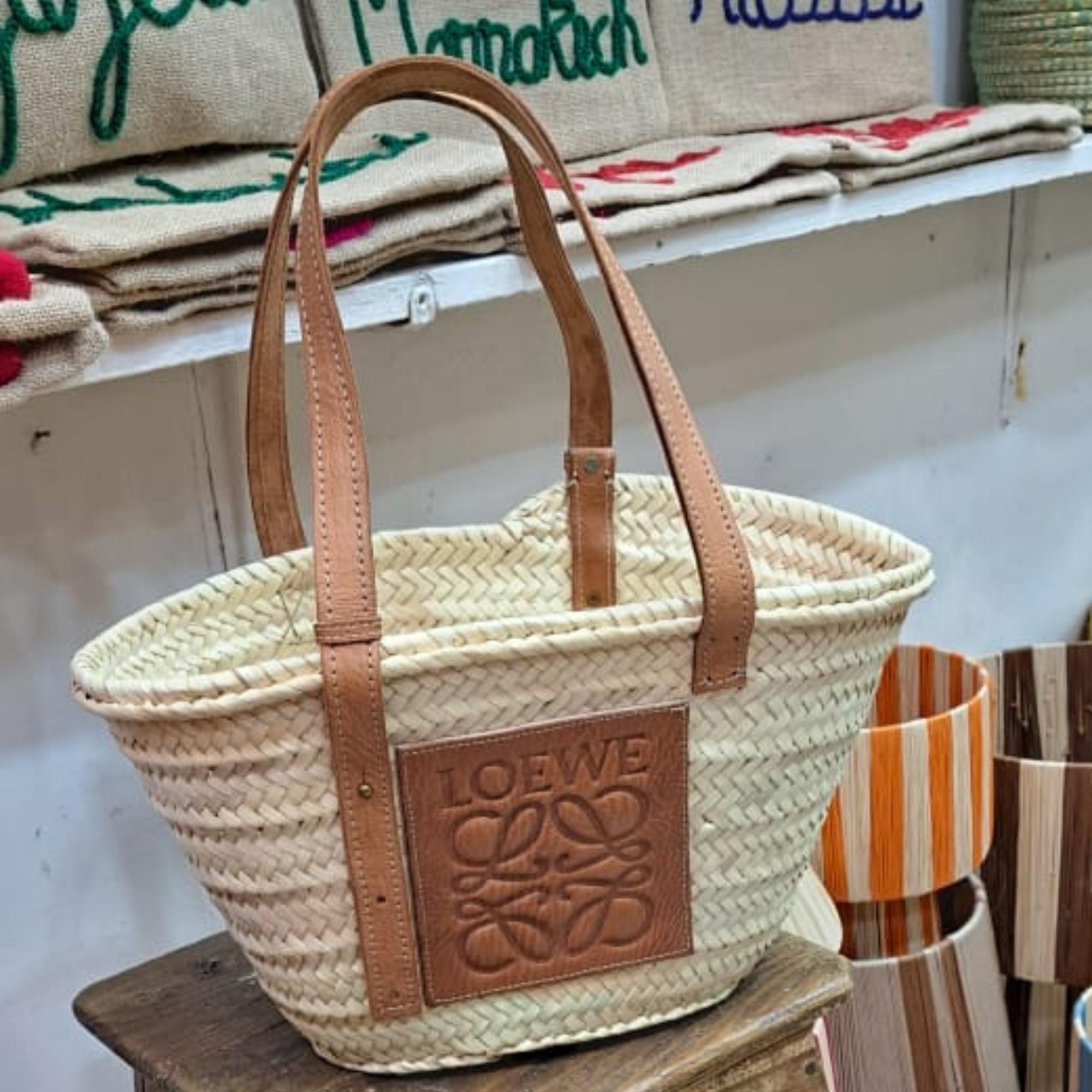 Handwoven Moroccan Raffia Tote With Leather | Boho Summer Basket Bag ...