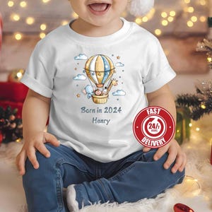 Personalized baby t-shirt, Born in 2024 Baby T-Shirt, Customizable Hot Air Balloon Baby Clothing, Unisex First Year Gift, Baby gift, Newborn