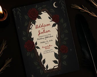 Gothic Wedding Invitation Template, Goth Occult Halloween Wedding Canva Editable Invite, Dark Rose Coffin Wedding Printable