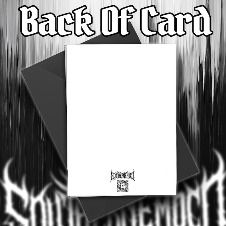 May include: A blank white rectangular greeting card resting on a dark gray envelope. The card features a small black logo with stylized text reading Southern Hood above a square QR code centered at the bottom edge of the card's back surface.