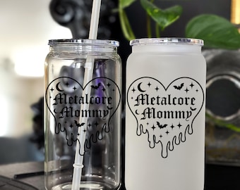 Metalcore Mommy Can Glass Gothic Iced Coffee Cup Alt Mom Gift Bats Stars Heart Drip Frosted or Clear Tumbler Dark Aesthetic Cup