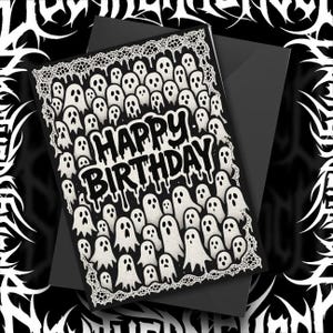 Celebrate birthdays with spooky style using this gothic ghost birthday card. Featuring a bold black and white design filled with creepy-cute ghosts, lace border details, and dripping gothic lettering, this card is perfect for anyone who loves dark, alternative, or Halloween aesthetics. A unique way to surprise friends, metalcore fans, or horror lovers on their special day. Professionally designed for year-round spooky vibes. Includes black envelope.