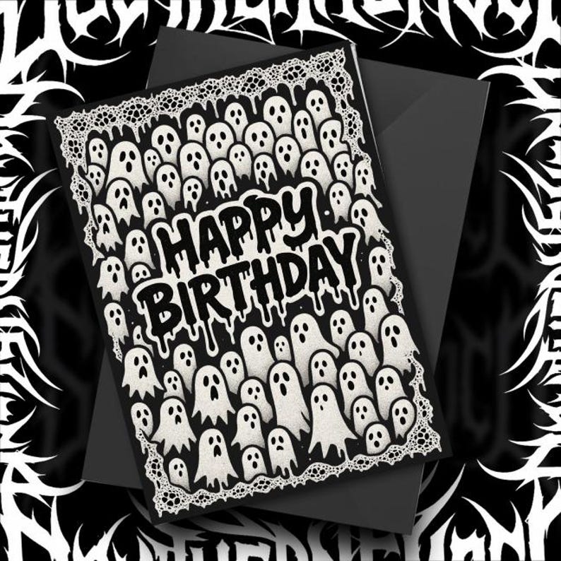 Celebrate birthdays with spooky style using this gothic ghost birthday card. Featuring a bold black and white design filled with creepy-cute ghosts, lace border details, and dripping gothic lettering, this card is perfect for anyone who loves dark, alternative, or Halloween aesthetics. A unique way to surprise friends, metalcore fans, or horror lovers on their special day. Professionally designed for year-round spooky vibes. Includes black envelope.
