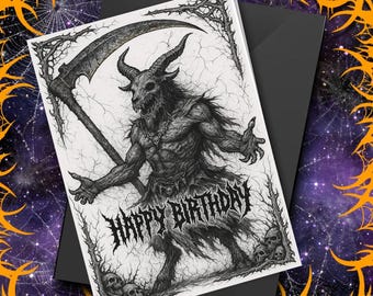 Goat Demon Birthday Card Grim Reaper Metal Card for Him Black and White Horror Birthday Card for Metalhead Funny Occult Gift