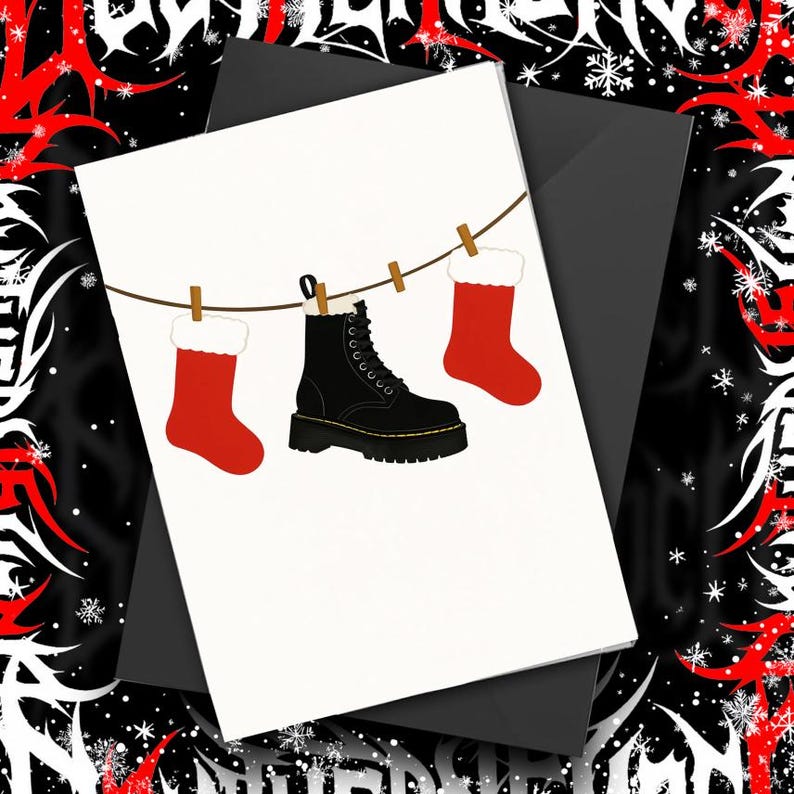 This minimalist Christmas card features two bright red stockings and a black combat boot hanging on a clothesline — perfect for goths, punks, and alternative holiday lovers. Printed on high quality matte cardstock, this card is blank inside so you can write your own message. A fun and edgy way to celebrate the season while showing off your alternative style. Great for friends, bandmates, or anyone who would rather hang boots than stockings.
