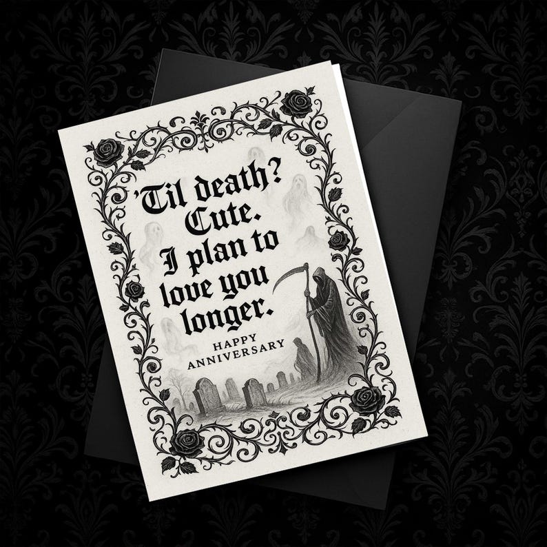 A darkly romantic anniversary card featuring a gothic frame, black roses, and a Grim Reaper illustration with the quote “’Til death? Cute. I plan to love you longer.” Perfect for couples who love spooky aesthetics, goth humor, or alternative romance. Great for anniversaries, Valentine’s Day, or year-round gifts for your partner. Printed on high-quality cardstock and paired with a black envelope for the perfect gothic touch.