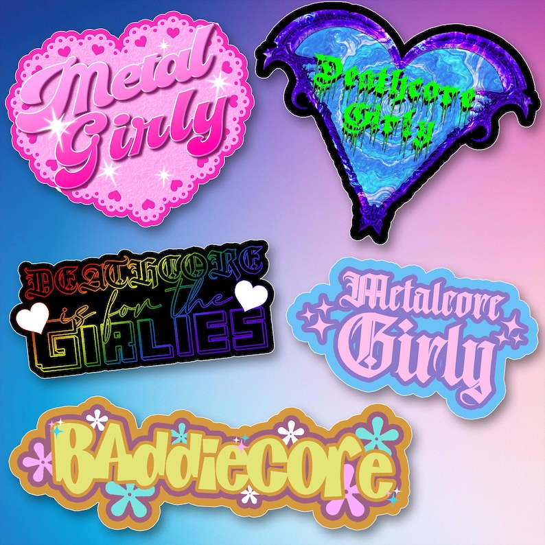 This metalcore girly sticker pack is perfect for alt girls who love heavy music and pastel vibes. Featuring designs like Deathcore Girl, Baddiecore, and Metalcore Girly, this set adds a bold and cute edge to your laptop, journal, or water bottle. Made with high-quality waterproof vinyl. Great gift for scene kids, emo baddies, and pastel goths. Express your loud soft self with this unique sticker bundle. Handmade with fast shipping.
