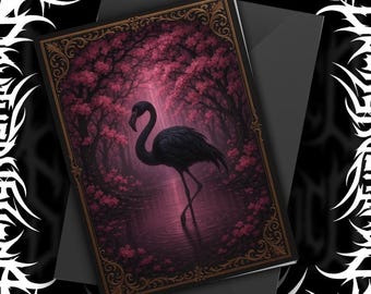 Gothic Black Flamingo Card Dark Forest Art Pink Cherry Blossom Aesthetic Alt Greeting Card Macabre Bird Stationery Spooky Cute Gift