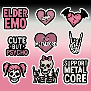 Metalcore Emo Sticker Pack Pink Goth Stickers Skeleton Heart Decals Cute but Psycho Elder Emo Scene Queen Aesthetic Set