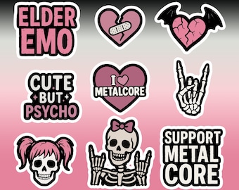 Metalcore Emo Sticker Pack Pink Goth Stickers Skeleton Heart Decals Cute but Psycho Elder Emo Scene Queen Aesthetic Set