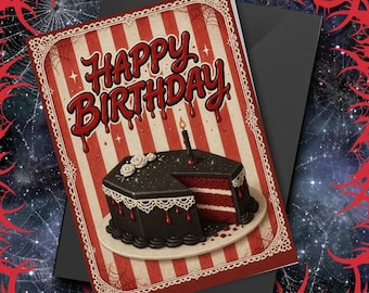 Gothic Happy Birthday Card Vintage Circus Horror Cake Design Metalcore Greeting Dark Aesthetic Spooky Black Red