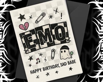 Emo Birthday Card Funny Goth Card Happy Birthday Sad Babe Scene Kid Gift Alt Aesthetic Ghost Card Pop Punk Greeting Card