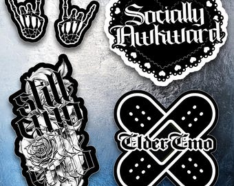 Socially Awkward Still Emo Elder Emo Rock Hands Metalcore Metal Vinyl Durable Stickers Holographic Glossy Still Emo Skull Hand Aesthetic