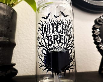 Witch’s Brew Halloween Glass Cup with Lid and Straw Gothic Cauldron Iced Coffee Tumbler Spooky Season Gift 16oz Can Glass Occult Wicca