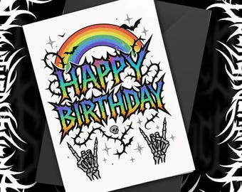Rainbow Metalcore Birthday Card, Heavy Metal Goth Birthday Greeting Card, Skeleton Hands Rock Sign Card, Alternative Funny Birthday