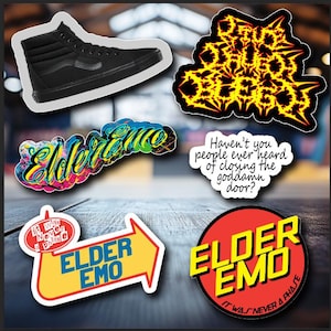 May include: Five stickers with various designs. The stickers feature the phrase "Elder Emo" in different styles and colors. One sticker features a black high-top shoe. Another sticker features the text "It was never a phase".