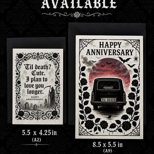 May include: Two greeting cards with black envelopes, one 5.5 x 4.25 inch A2 card featuring a grim reaper and text 'Til death? Cute. I plan to love you longer. HAPPY ANNIVERSARY' and one 8.5 x 5.5 inch A9 card with a hearse and 'HAPPY ANNIVERSARY'.