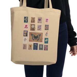 Floral Postage Organic Tote Bag - Double-sided Floral Design Vintage Postage Classic Feel Eco-friendly Gift Wrap Reusable Gift Bag